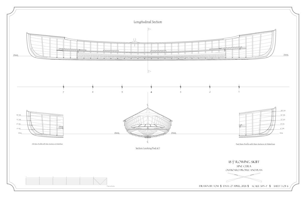 An inboard longitudinal and midship section and stem detail drawing of the 18.5' lapstrake rowing skiff "Sine Cera"