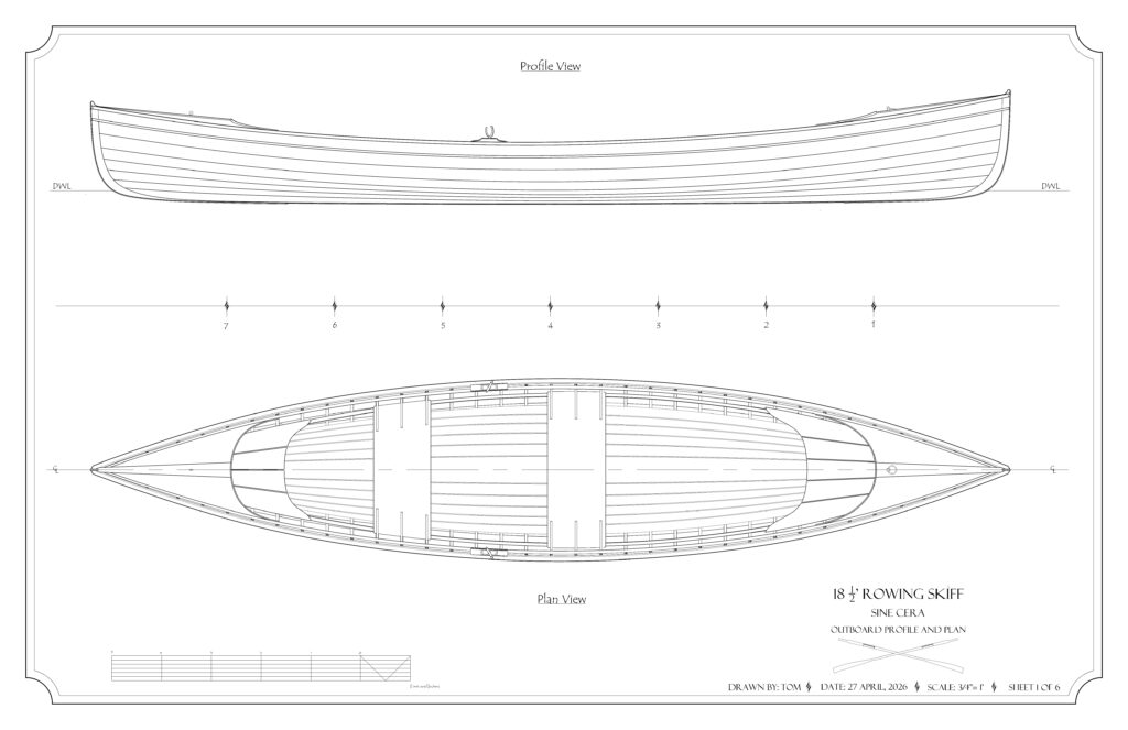 Profile and Plan drawings for an 18.5' Lap strake Rowing Skiff