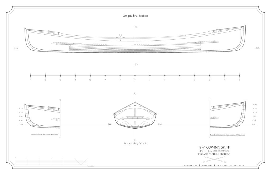 An inboard longitudinal and midship section and stem detail drawing of the 18.5' Strip Built rowing skiff "Sine Cera"