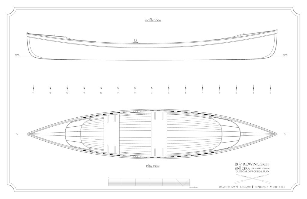 Outboard Profile and Plan of the Strip built 18.5' rowing skiff "Sine Cera"
